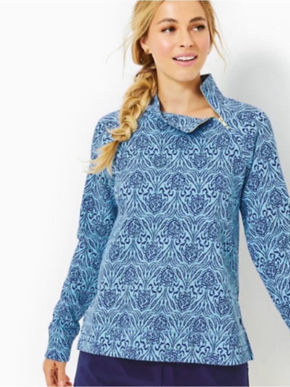 Lilly Pulitzer Playa Bonita Pullover Light & Navy Blue Mock Collar Side Zip Sz S